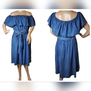Lane Bryant On/Off Shoulder Blue Chambray Belted Dress Side Pockets Sz 14/16 1X